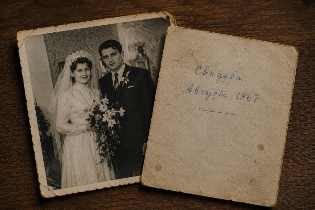 婚礼照片与背面署名「婚礼，1967年8月」